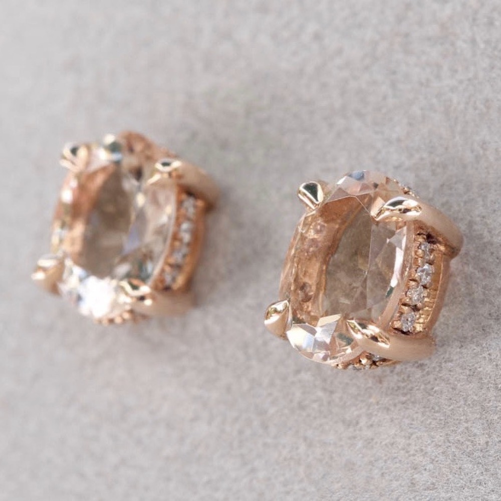 Oval Cut Peachy Pink Morganite Earrings Diamond Halos Rose Gold LS5753