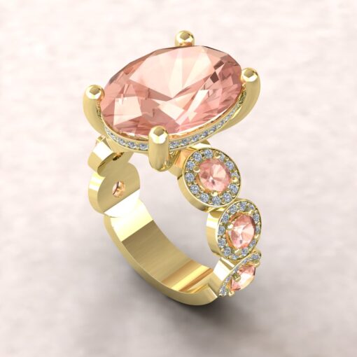 Oval Peach Morganite Engagement Ring Diamond Halo Yellow Gold LS5902