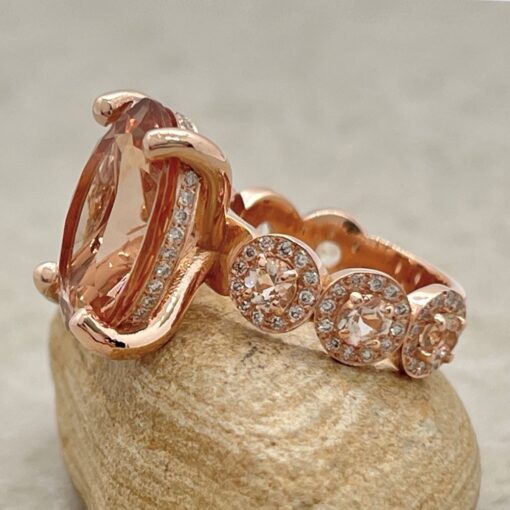 Oval Peachy Pink Morganite Ring Diamond Hidden Halo Rose Gold LS5902