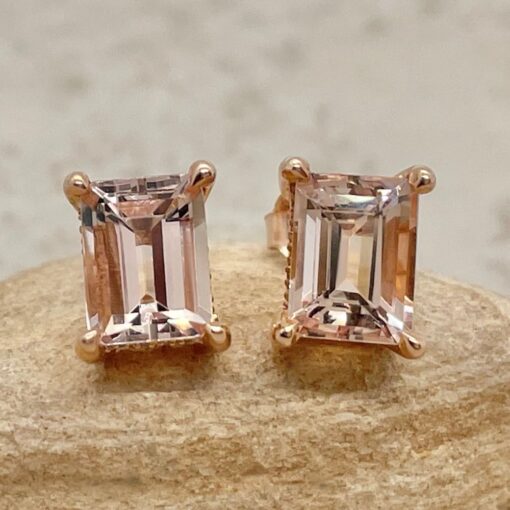 Peachy Pink Emerald Cut Morganite Studs Claw Prongs Rose Gold LS5743