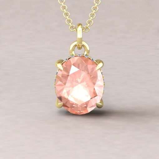Peachy Pink Oval Cut Morganite Pendant Fang Prongs Yellow Gold LS5088