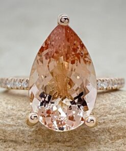 Pear Cut Peach Morganite Engagement Ring Diamond Halo Rose Gold LS5725