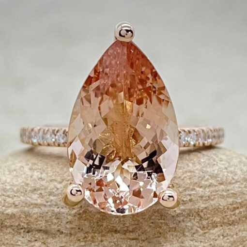Pear Cut Peach Morganite Engagement Ring Diamond Halo Rose Gold LS5725