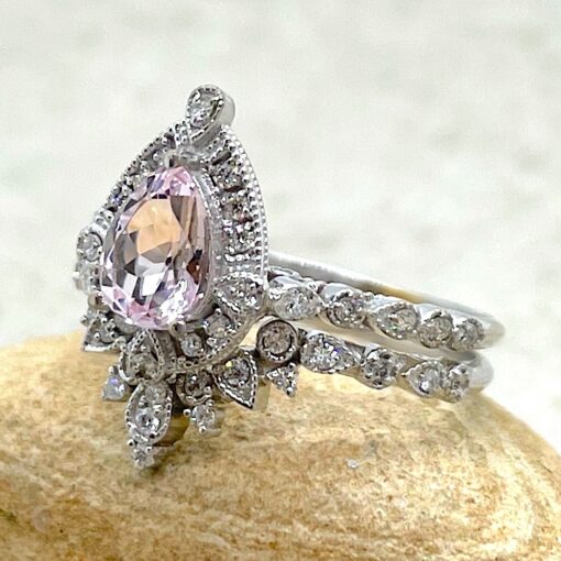 Pear Cut Pink Morganite Engagement Ring Set White Gold Platinum LS6533