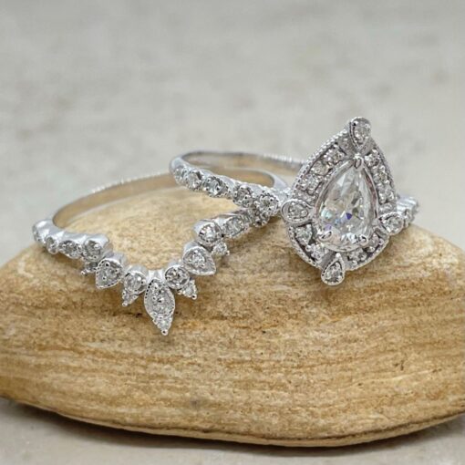 Vintage Bridal Ring Set Diamond Beaded Halo White Gold Platinum LS6506