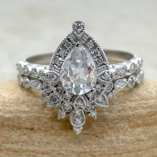 Vintage Pear Cut Moissanite Bridal Ring Set White Gold Platinum LS6506