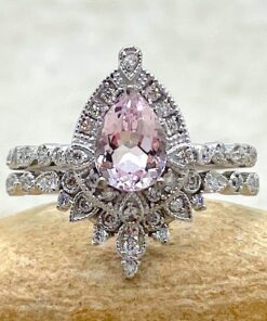 Vintage Pink Morganite Engagement Ring Set White Gold Platinum LS6533