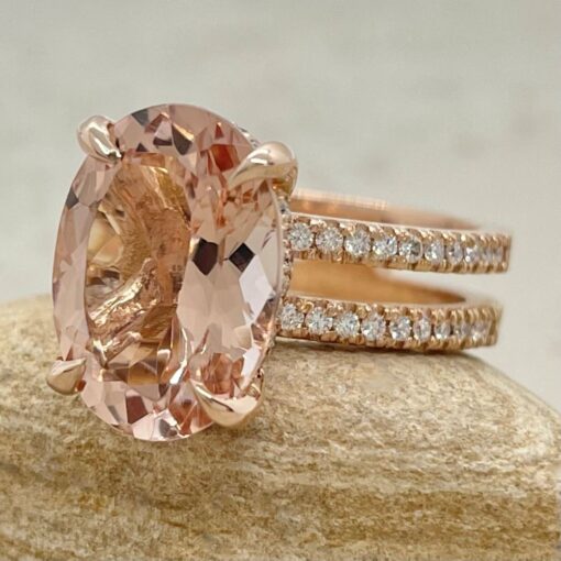 Double Shank Oval Morganite Lab Organic Diamond Ring Rose Gold LS6189