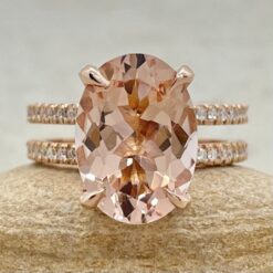 Two Shank Oval Cut Peach Pink Morganite Diamond Ring Rose Gold LS6189