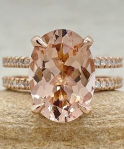 Two Shank Oval Cut Peach Pink Morganite Diamond Ring Rose Gold LS6189