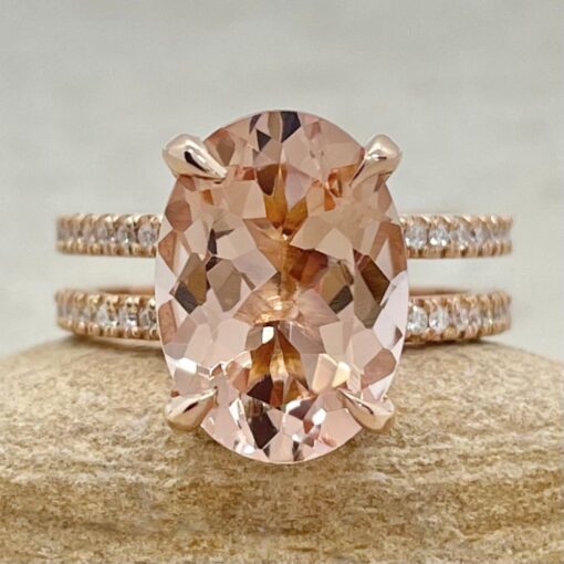Two Shank Oval Cut Peach Pink Morganite Diamond Ring Rose Gold LS6189