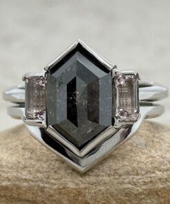 Geometric Salt and Pepper Diamond Ring Set White Gold Platinum LS6514