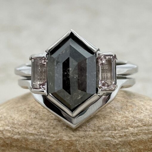 Geometric Salt and Pepper Diamond Ring Set White Gold Platinum LS6514