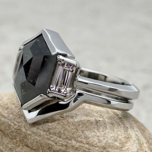 Hexagon Salt and Pepper Engagement Ring Set White Gold Platinum LS6514