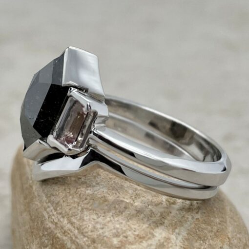 Morganite Salt and Pepper Diamond Ring Set White Gold Platinum LS6514