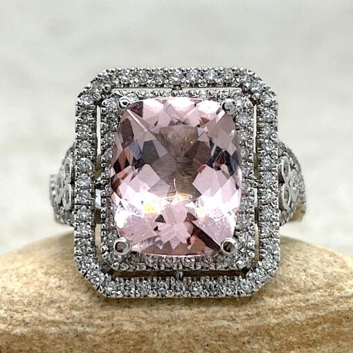 Pink Morganite Engagement Ring with Double Halo 14k White Gold LS4196
