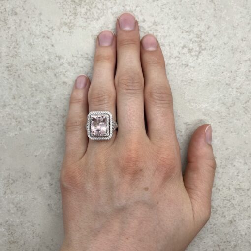 Rectangular Cushion Pink Morganite Ring Hand Pic 14k White Gold LS4196