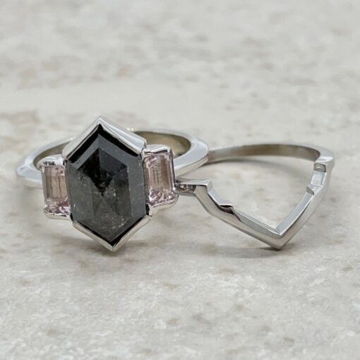 Salt and Pepper Diamond Morganite Ring Set White Gold Platinum LS6514