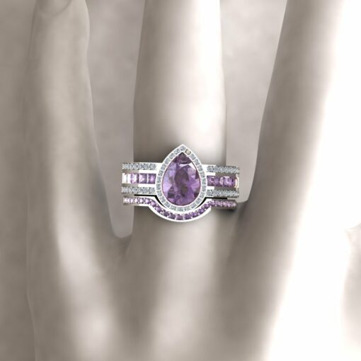 Custom Pear Cut Purple Sapphire and Diamond Bridal Set - Image 6