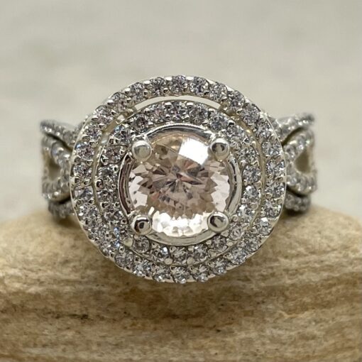 Double Halo Morganite Wedding Set CZ Halo in Sterling Silver LS4471
