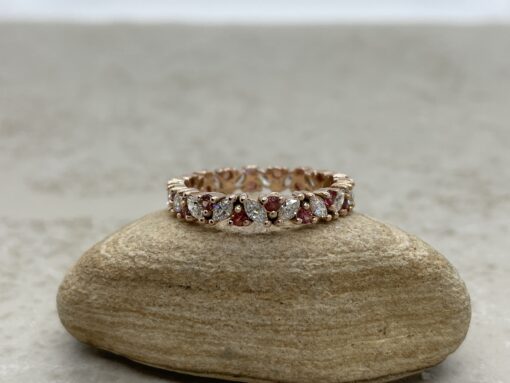 Custom oval morganite ring with peach sapphire and diamond wedding band - Image 5