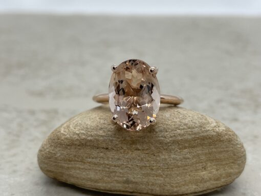 Custom oval morganite ring with peach sapphire and diamond wedding band - Image 6