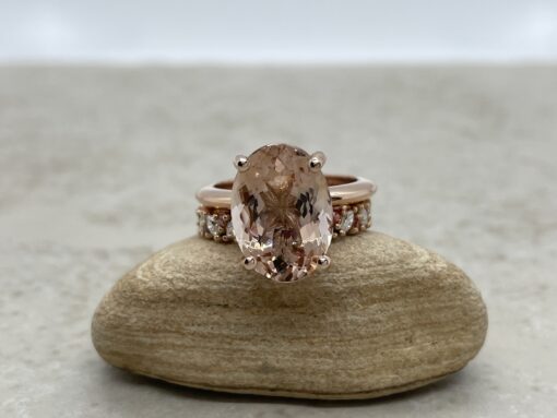 Custom oval morganite ring with peach sapphire and diamond wedding band - Image 2