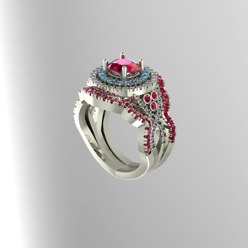 Ruby Wedding Set with blue and white diamonds, and two rose gold ruby bands - Image 2