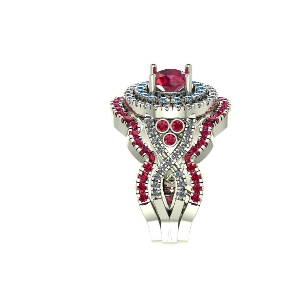 Ruby Wedding Set with blue and white diamonds, and two rose gold ruby bands - Image 4