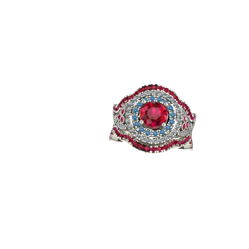 Ruby Wedding Set with blue and white diamonds, and two rose gold ruby bands - Image 6