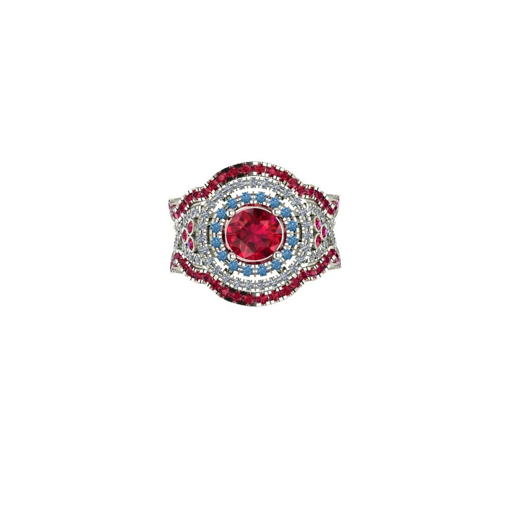 Ruby Wedding Set with blue and white diamonds, and two rose gold ruby bands - Image 7