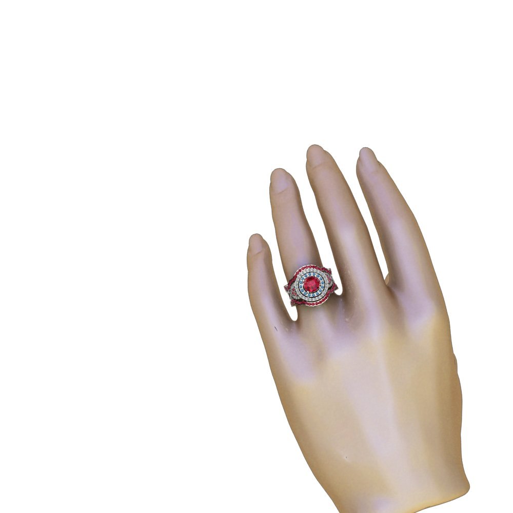 Ruby Wedding Set with blue and white diamonds, and two rose gold ruby bands - Image 3