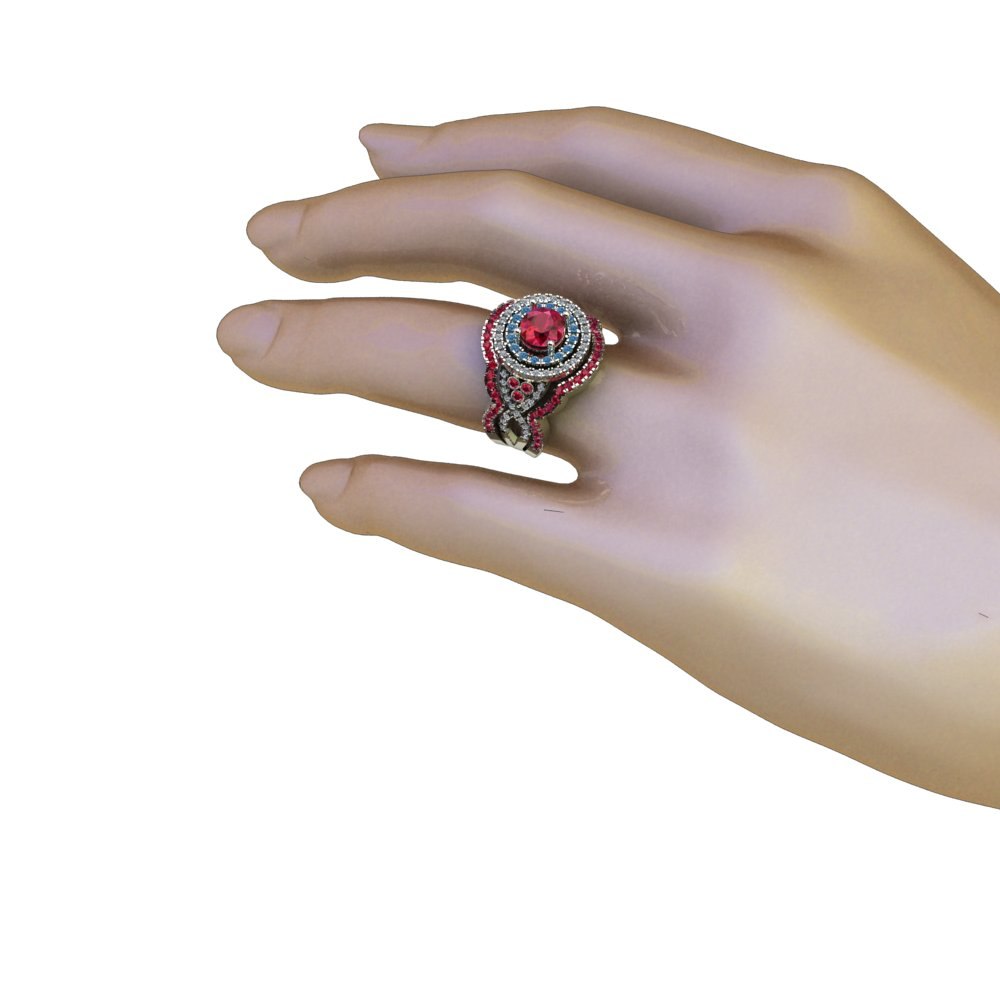 Ruby Wedding Set with blue and white diamonds, and two rose gold ruby bands - Image 5