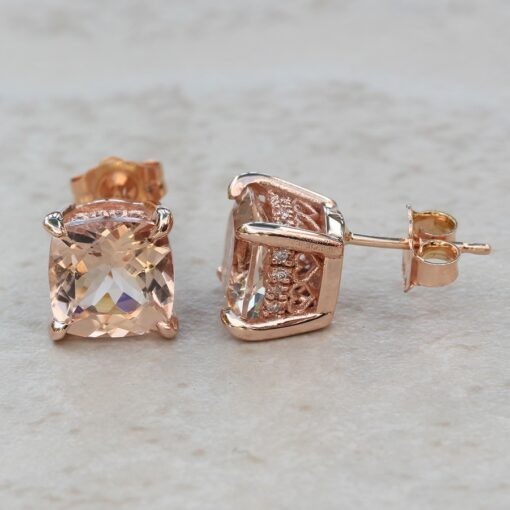Morganite Earrings Square Cushion with Hearts 18k Rose Gold LS6586