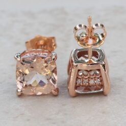 Peachy Morganite Diamond Halo Golden Heart Earrings Rose Gold LS6586