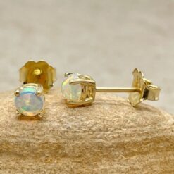 Round Cabochon Cut October Opal Birthstone Earrings Yellow Gold LS6441