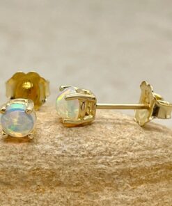 Round Cabochon Cut October Opal Birthstone Earrings Yellow Gold LS6441