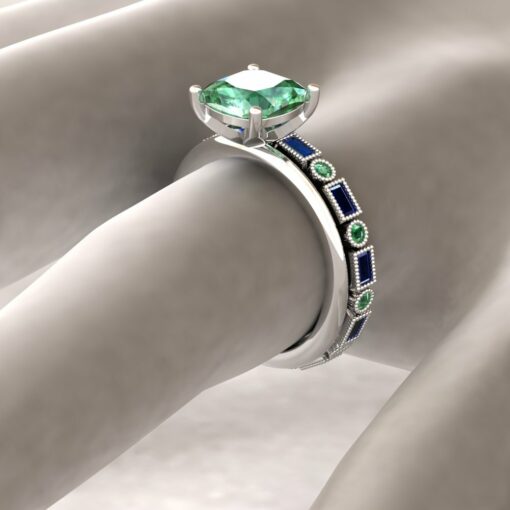 Round Green Sapphire and Baguette Blue Sapphire almost eternity ring - Image 3