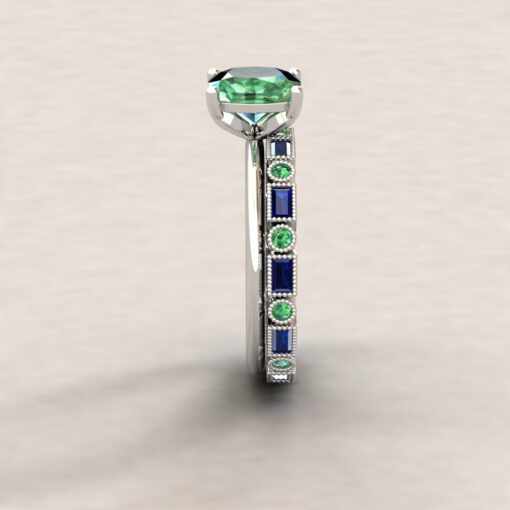 Round Green Sapphire and Baguette Blue Sapphire almost eternity ring - Image 2