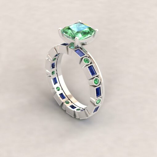 Round Green Sapphire and Baguette Blue Sapphire almost eternity ring - Image 4
