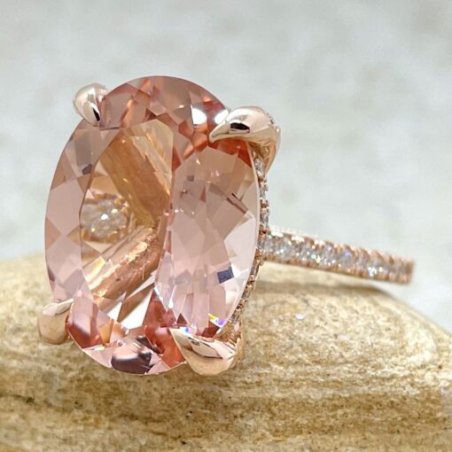 AAA Oval Cut Peach Morganite Ring Diamond Claw Prongs Rose Gold LS5116