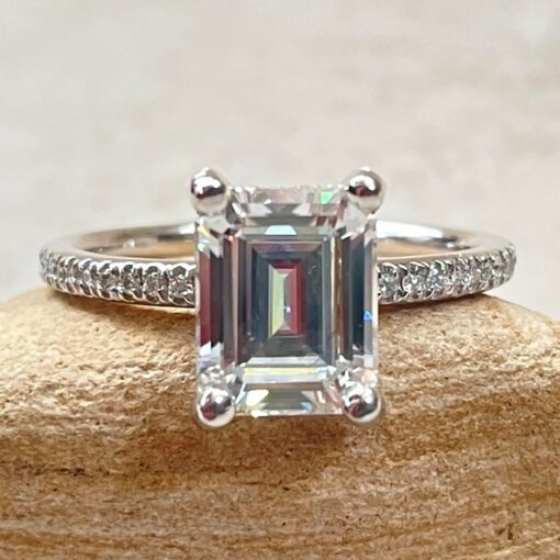 Emerald Cut Moissanite Ring with Diamonds in 18k White Gold LS6419