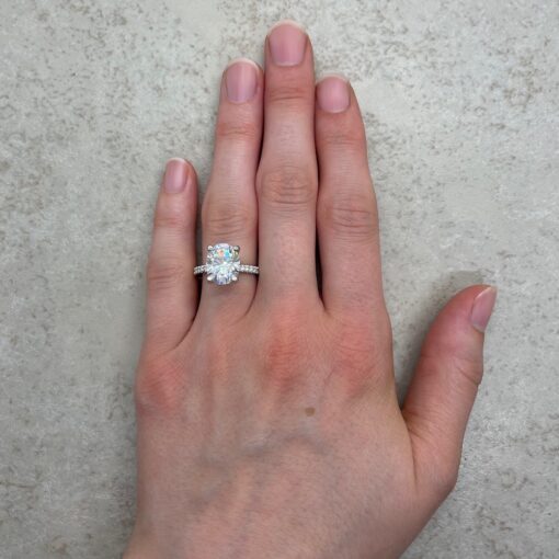 Oval Cut Moissanite Engagement Ring Hand Shot 18k White Gold LS6584