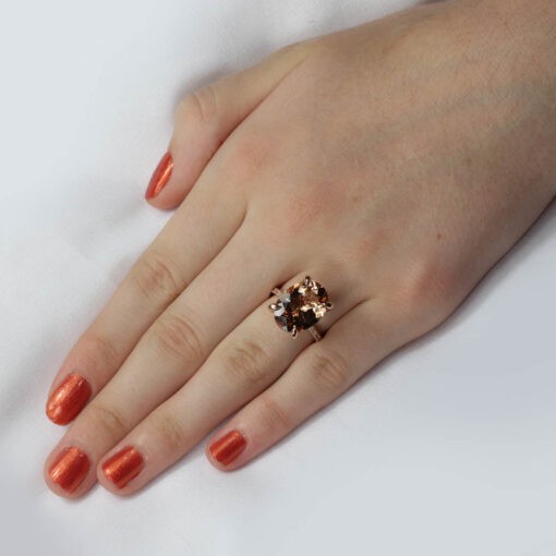 Oval Morganite Ring Peachy Pink Hand Shot in 18k Rose Gold LS5116