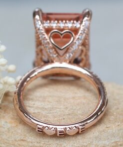 Personalized Initial Emerald Cut Peach Morganite Ring Rose Gold LS6108