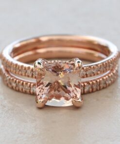 Square Cushion Peachy Pink Morganite Diamond Ring Set Rose Gold LS6587