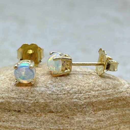 Crystal Opal Stud Earrings Round Cabochon Cut 18k Yellow Gold LS6441