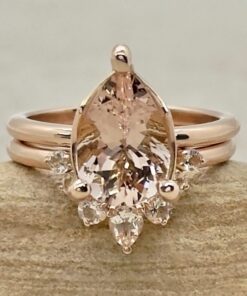 Pear Peach Pink Morganite Wedding Ring Set Crown Band Rose Gold LS6622