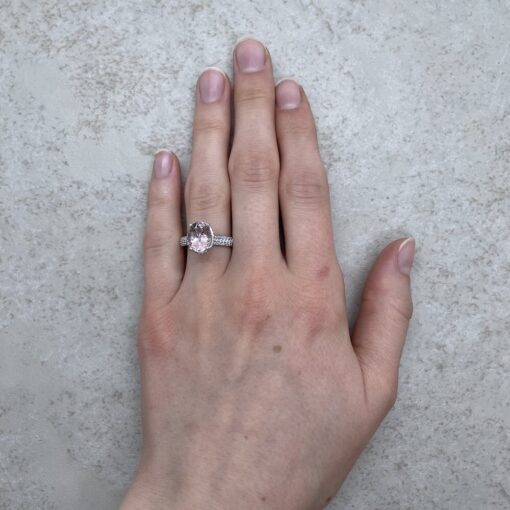 Rare Pink Morganite Engagement Ring Hand Shot in 14k White Gold LS6609