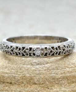 Round Diamond Wedding Band Vintage Milgrain White Gold Platinum LS5326